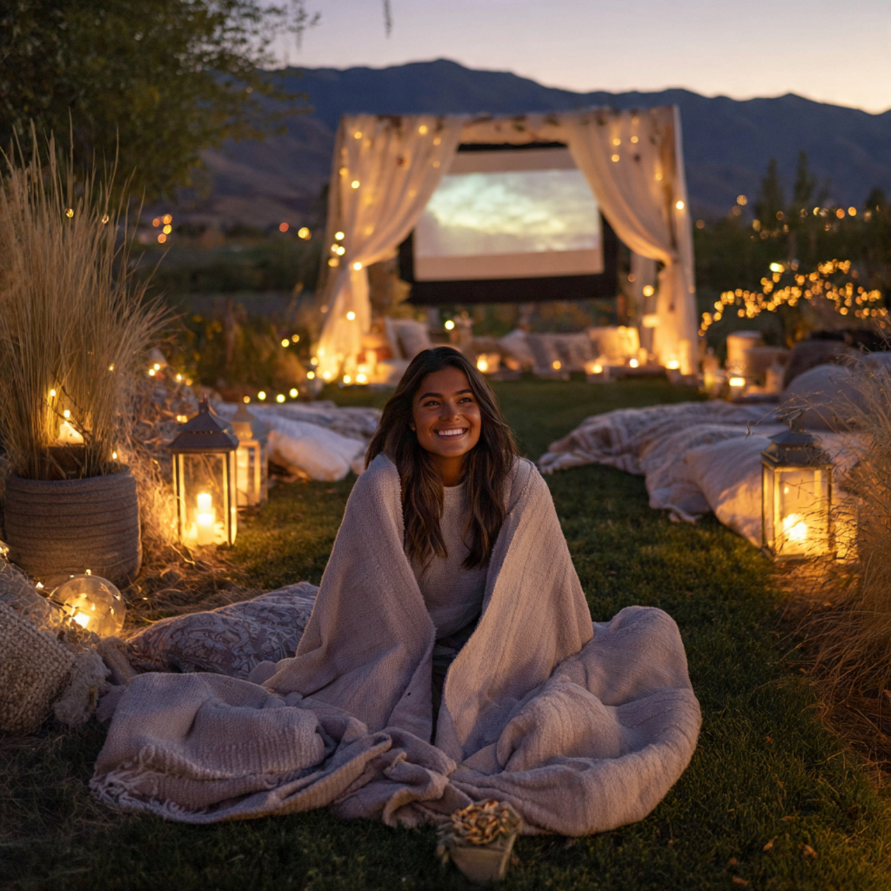 a natural outdoor movie night setup with a