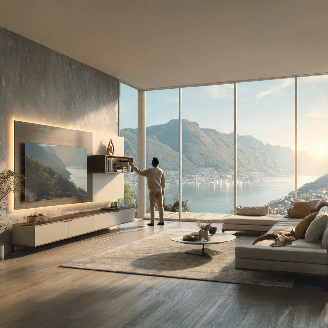 a natural photorealistic living room highlighting modern