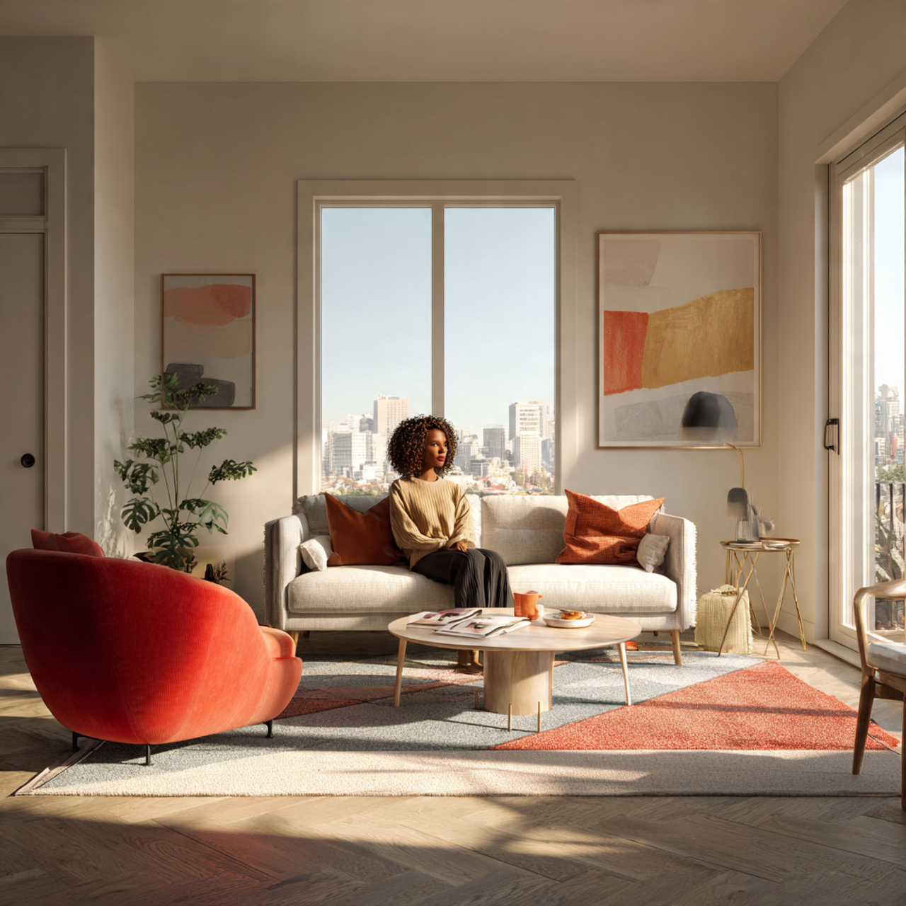 a natural photorealistic living room showing modern