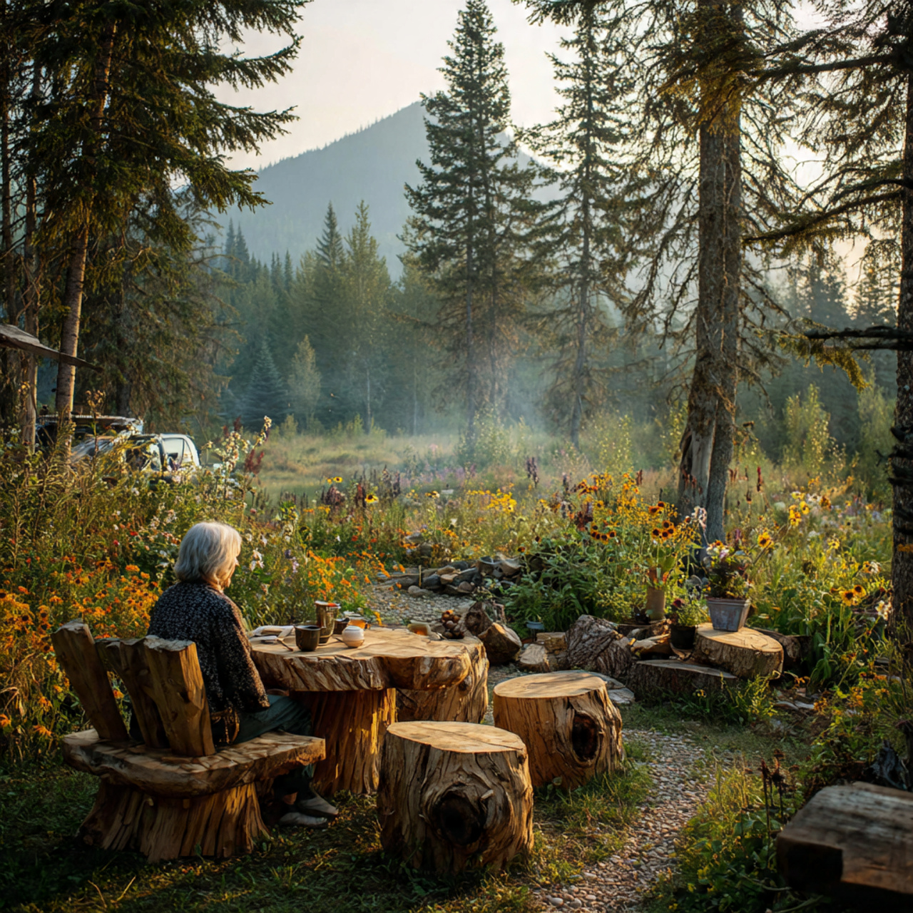 a nature rich rustic backyard featuring handmade log