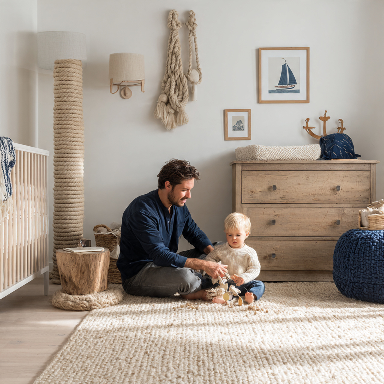 a nautical inspired nursery with rope wrapped floor lamp