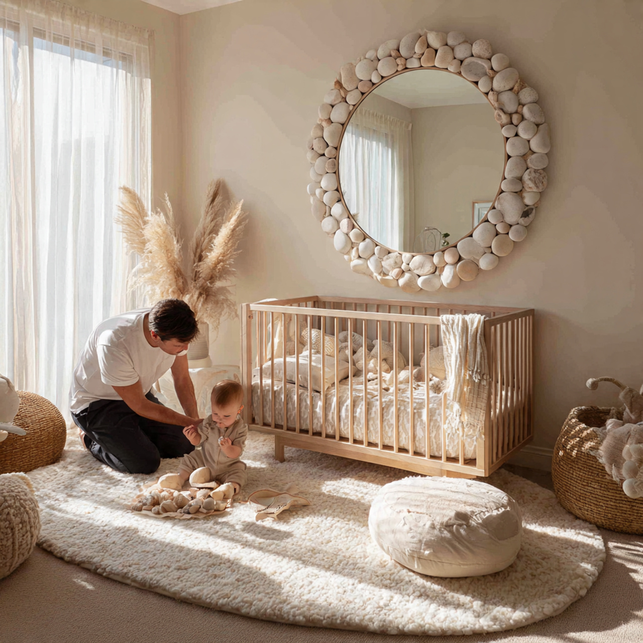 a nursery with a circular wall mirror
