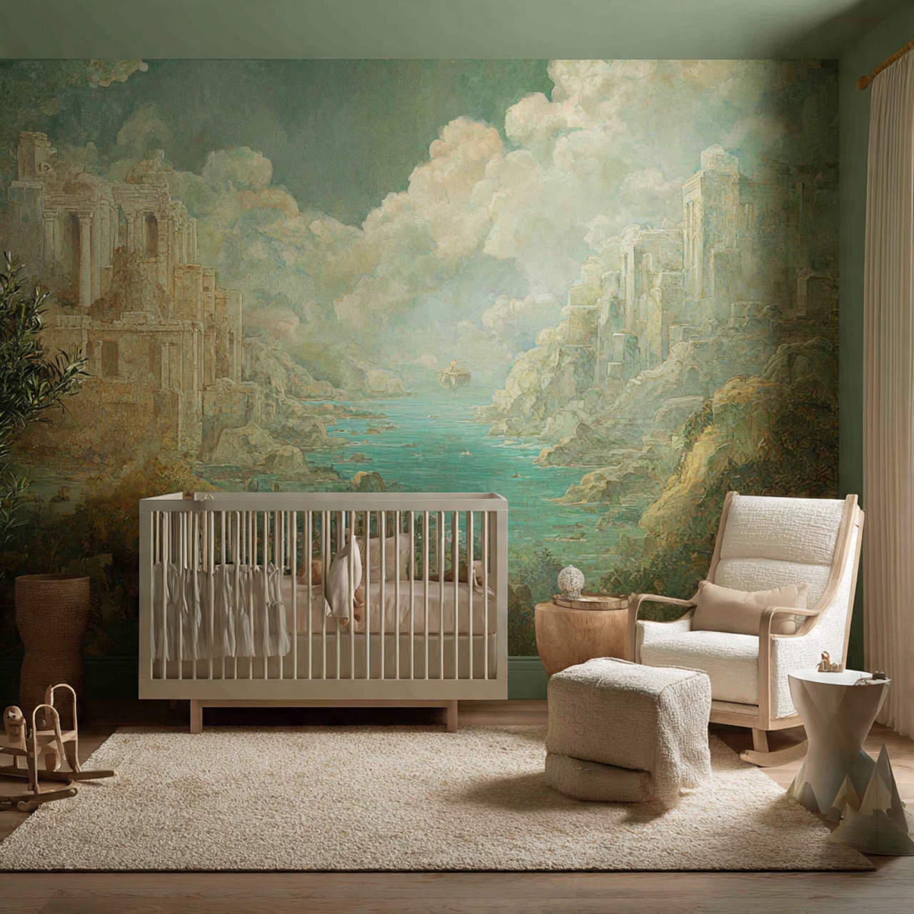 a nursery with a feature wall mural