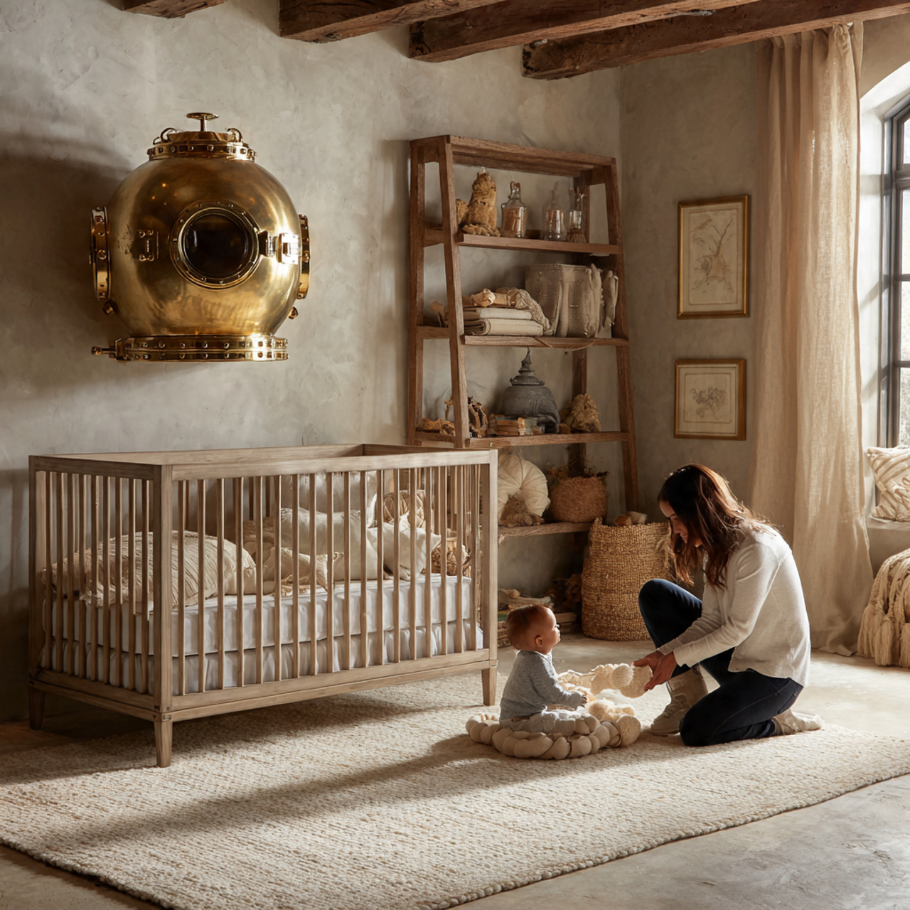 a nursery with a high shelf displaying