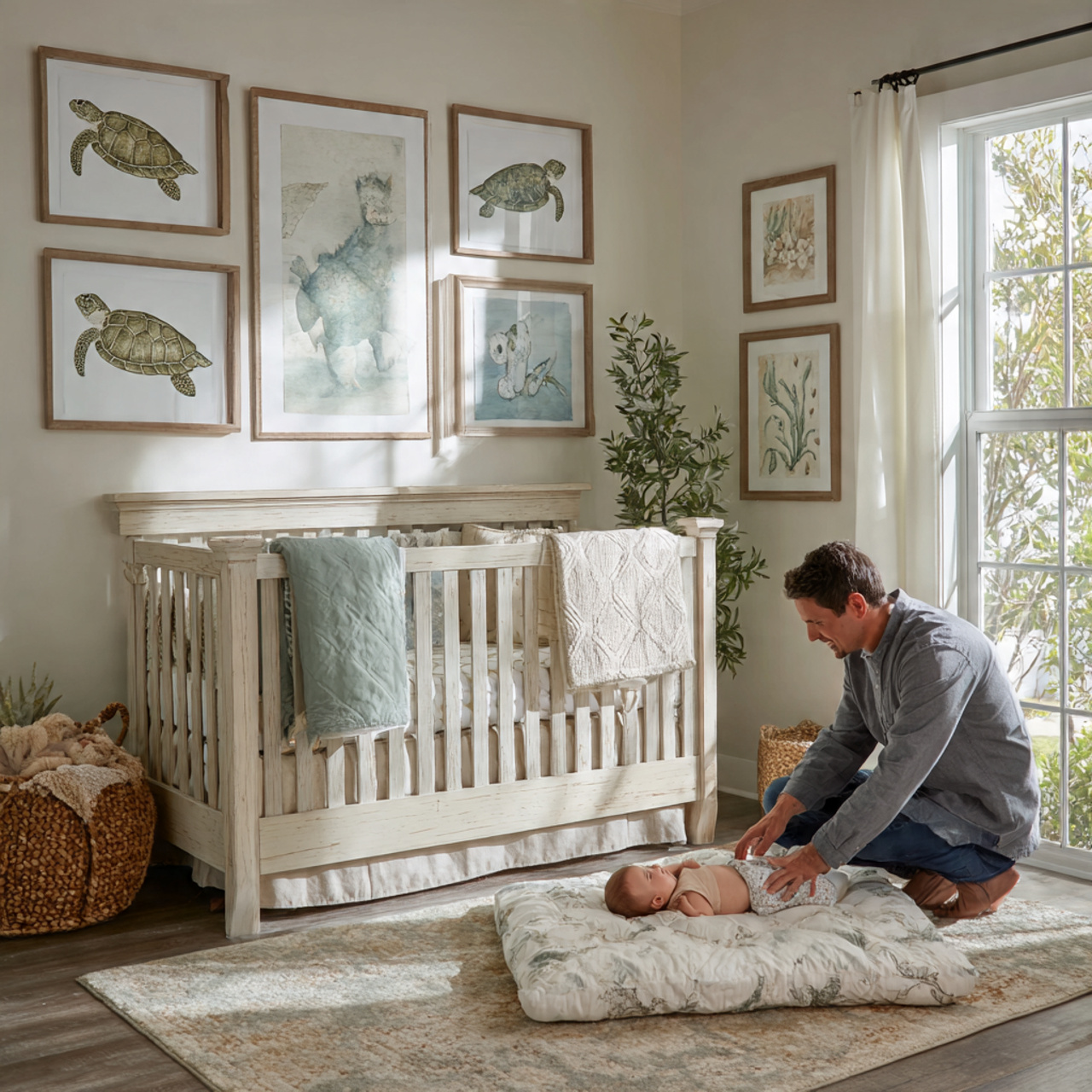 a nursery with framed sea turtle prints