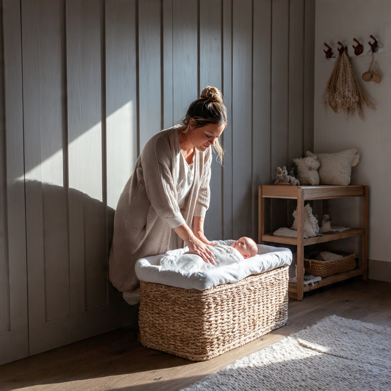 a peaceful nursery featuring soft gray wood