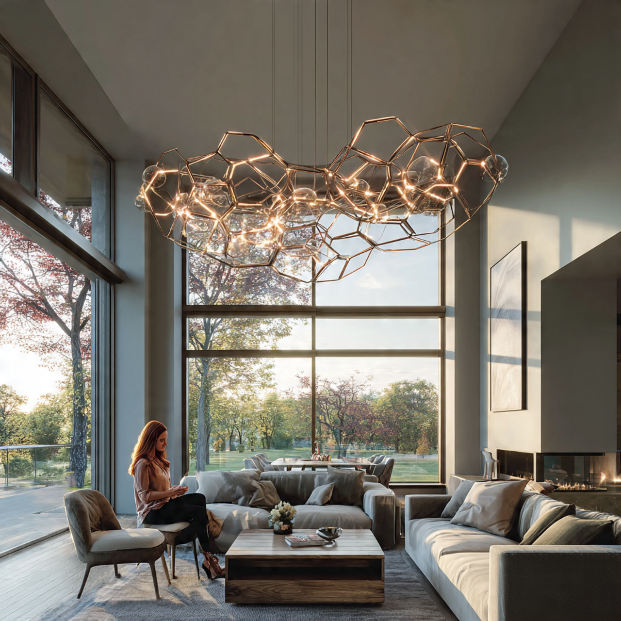 a photorealistic modern living room showing modern