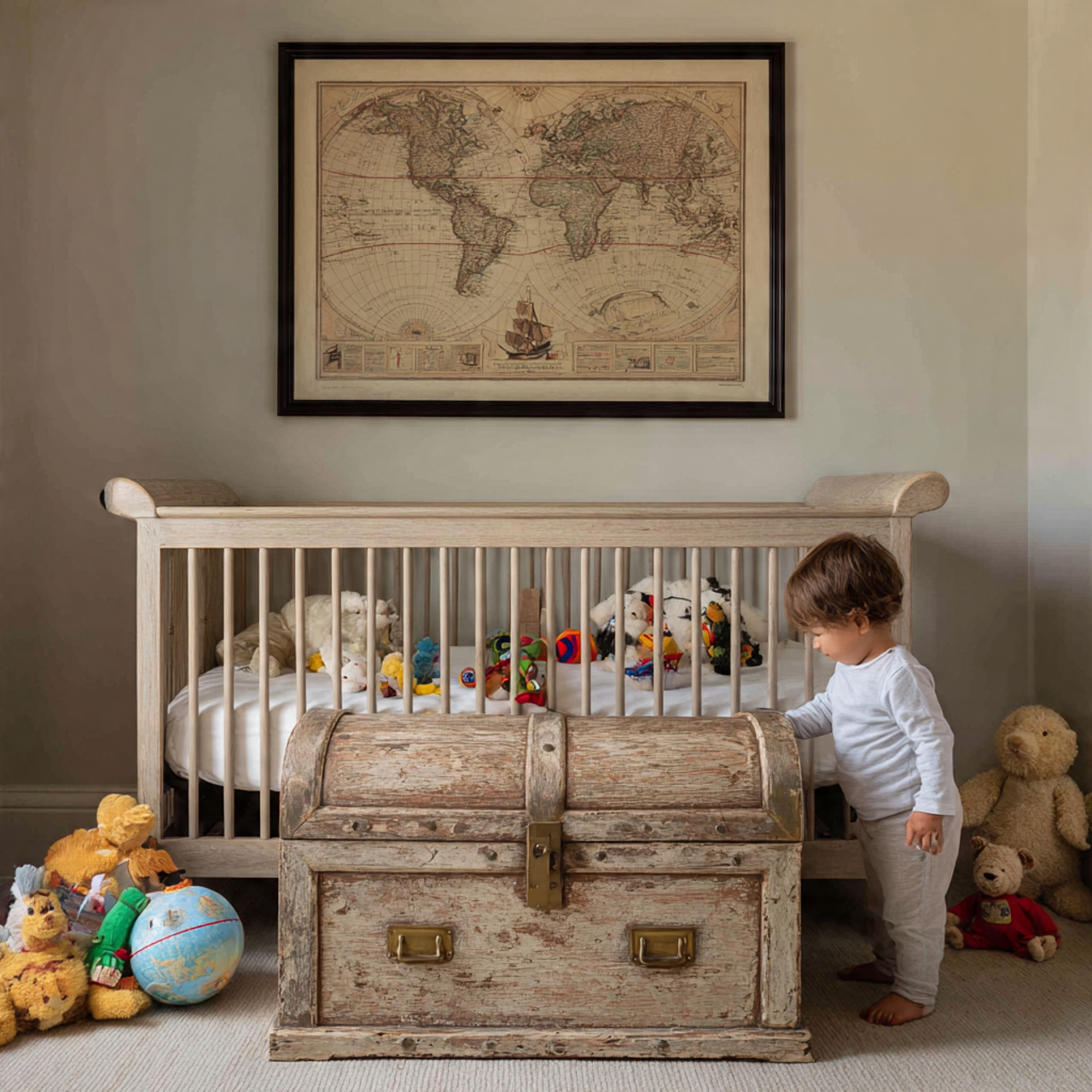 a playful nursery featuring a distressed wooden