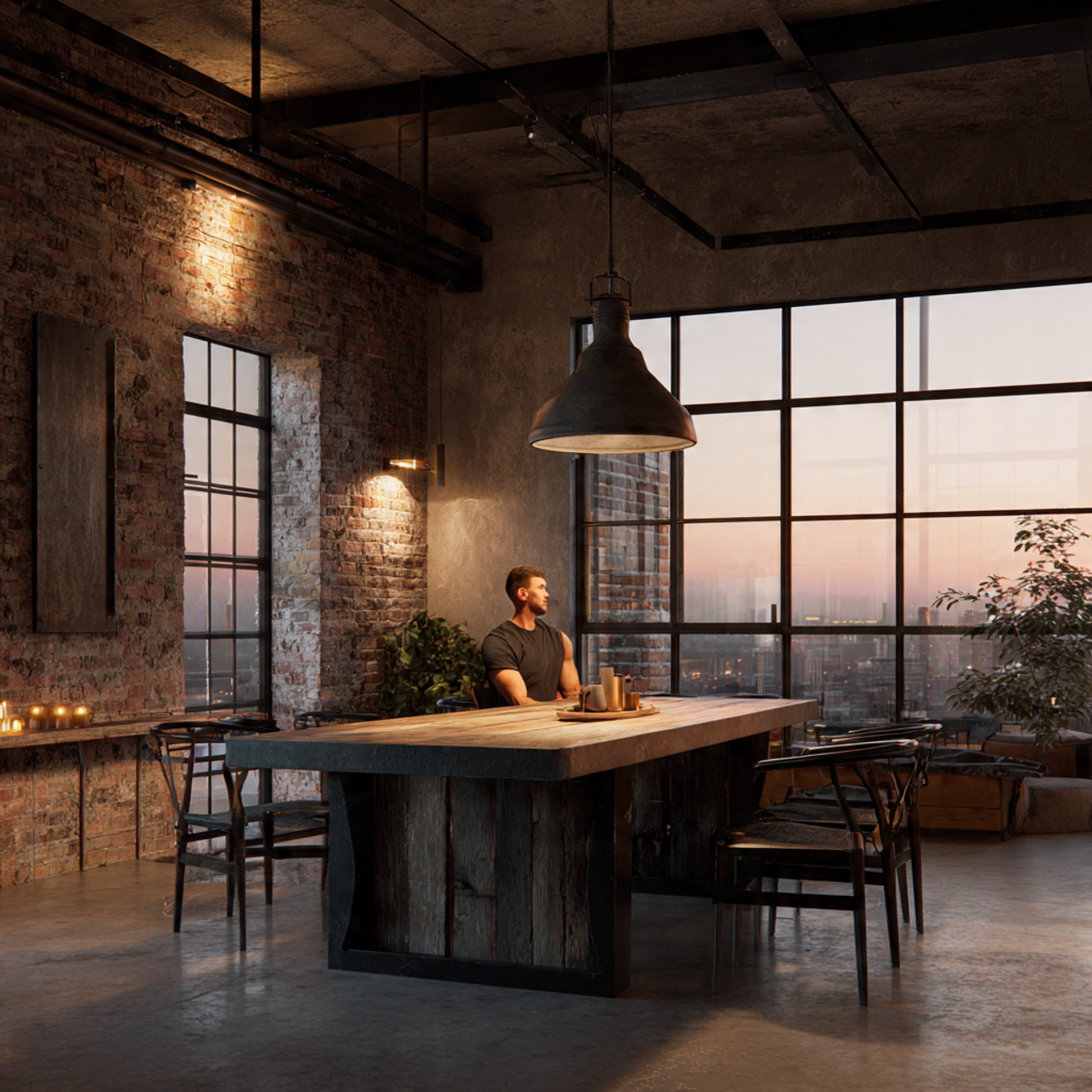 a raw industrial loft style dining room featuring