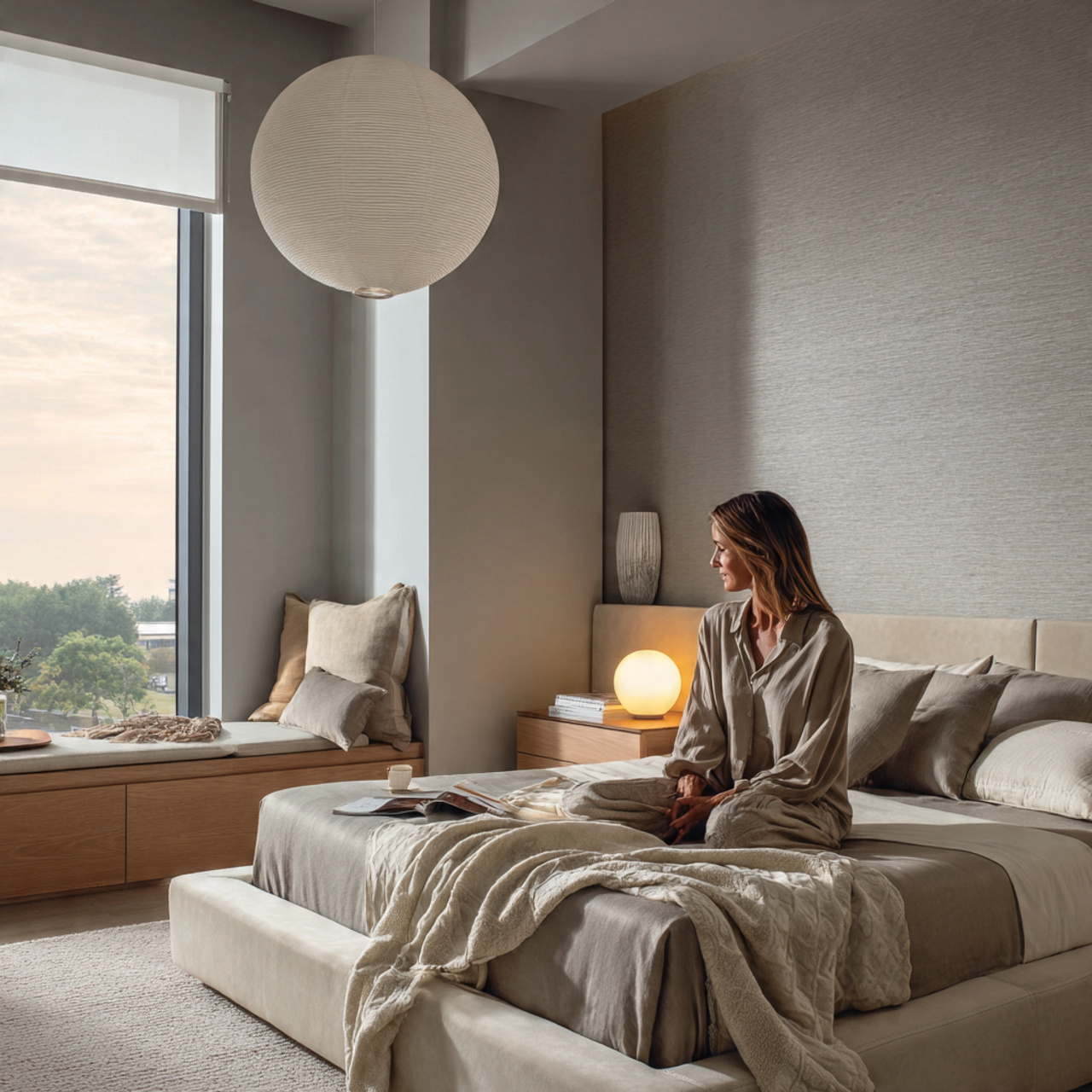 a realistic bedroom in warm neutral tones