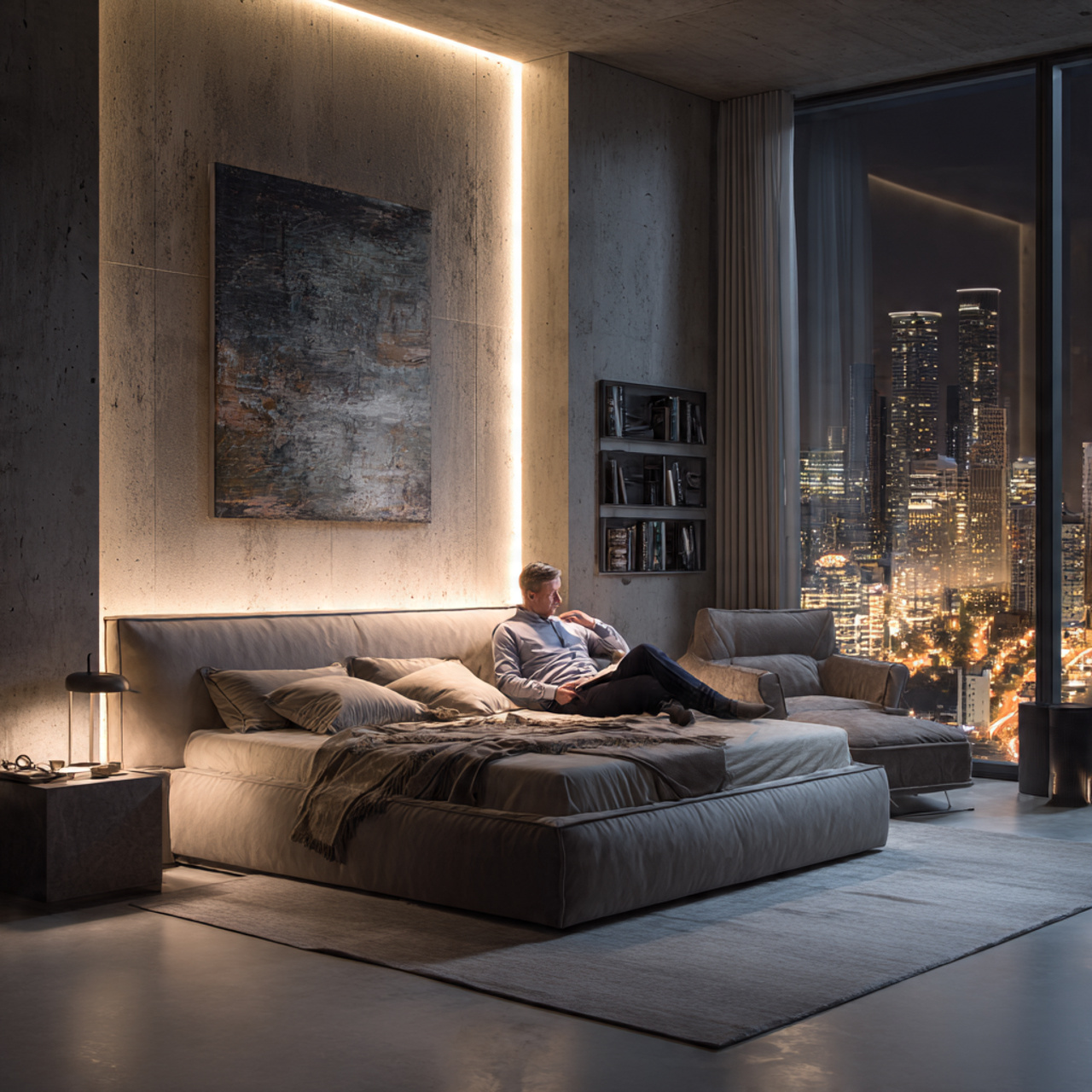 a realistic bedroom scene where a man