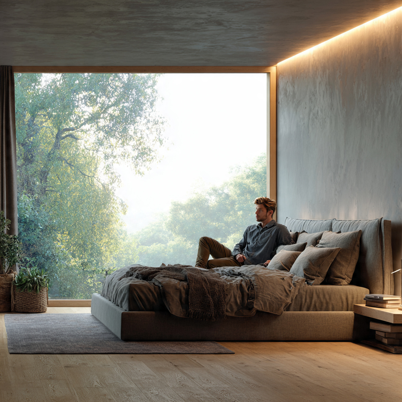 a realistic contemporary bedroom with a stylish