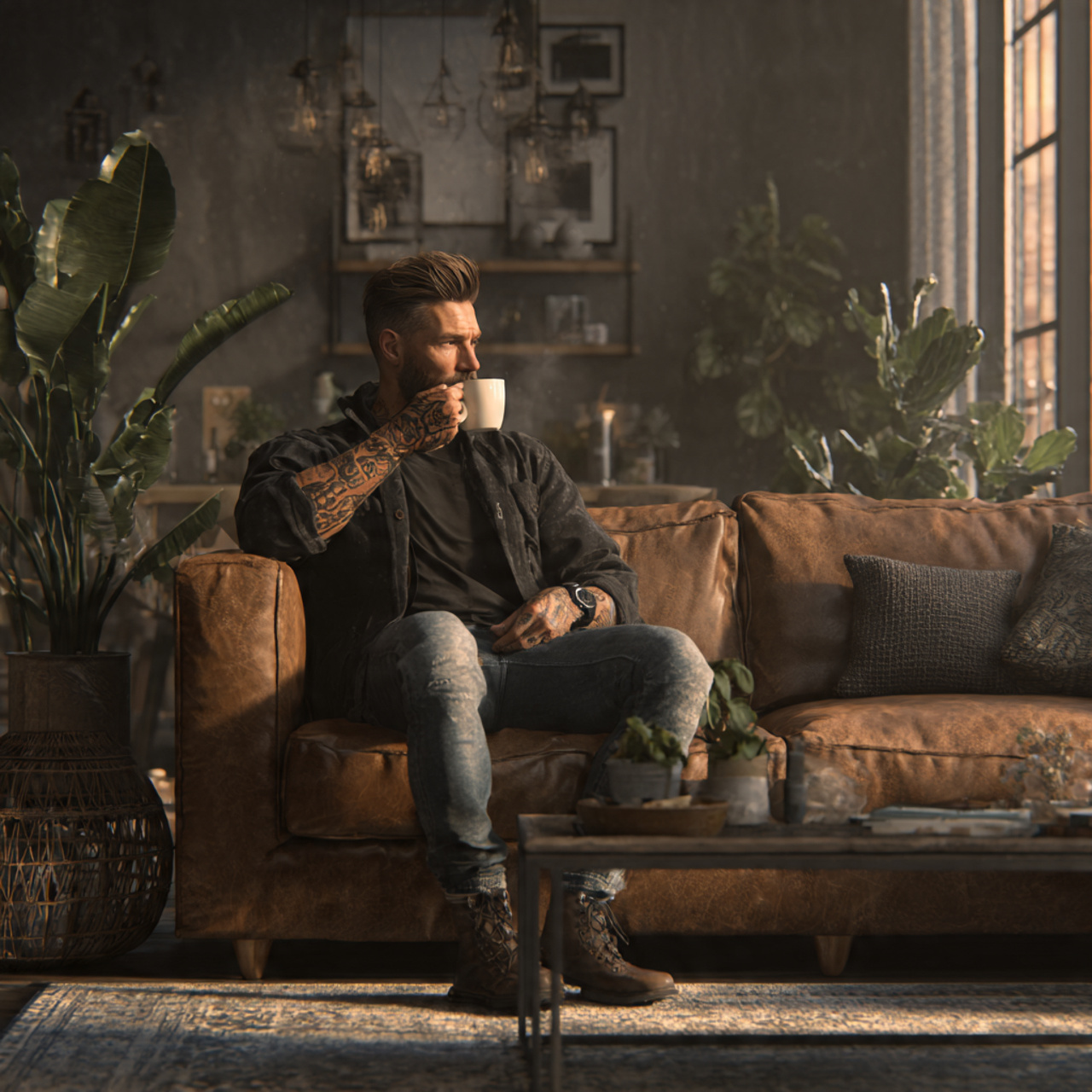 a realistic man in his 30s enjoying