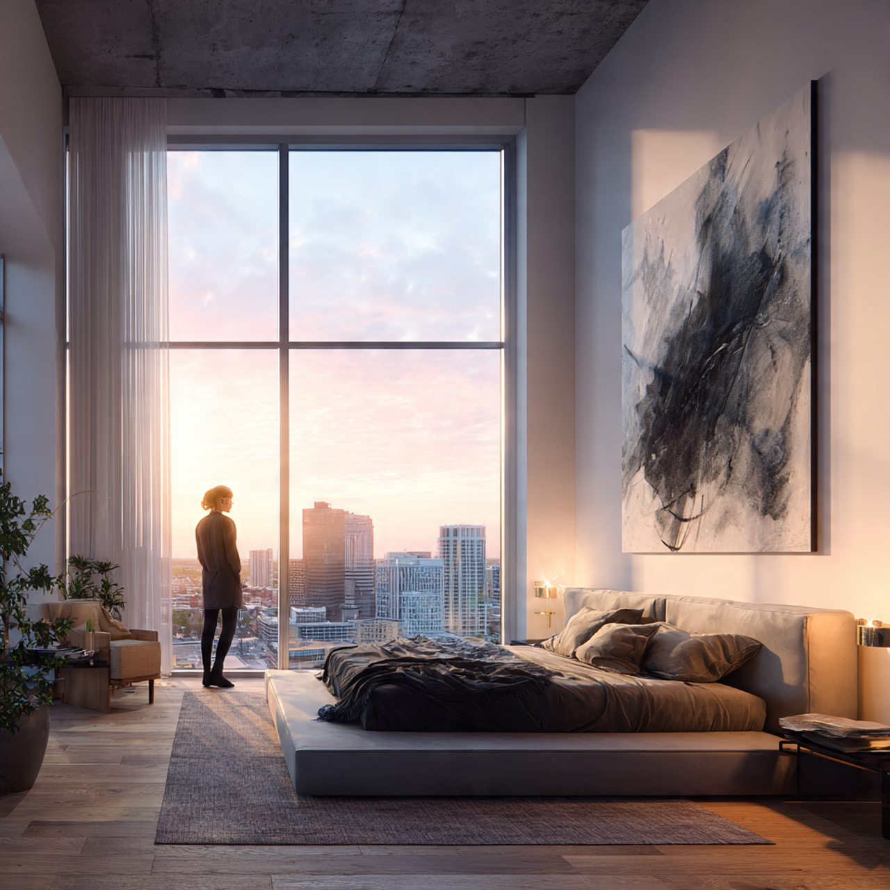 a realistic master bedroom scene featuring a