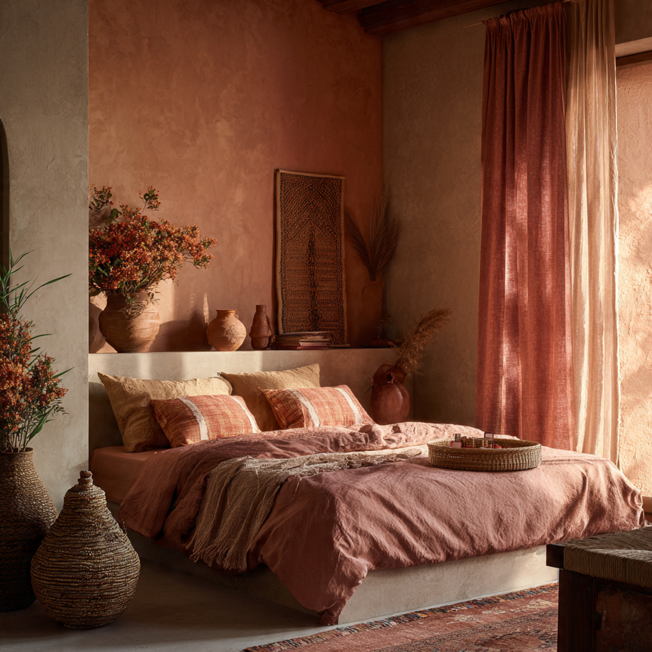 a realistic mediterranean inspired bedroom with bedroom color