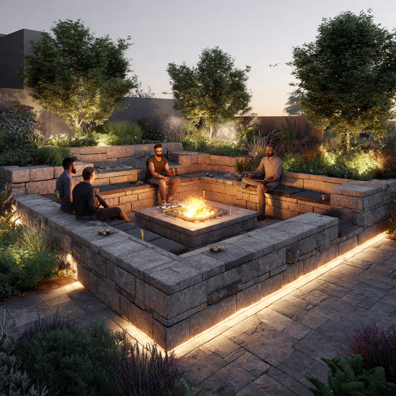 a realistic modern sunken seating pit surrounded