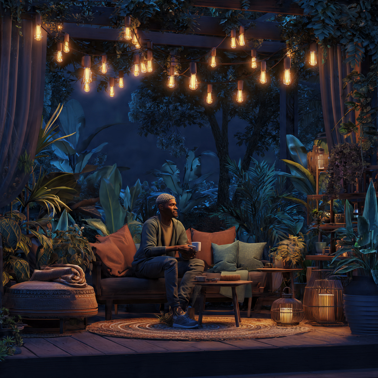 a realistic nighttime backyard lounge filled with