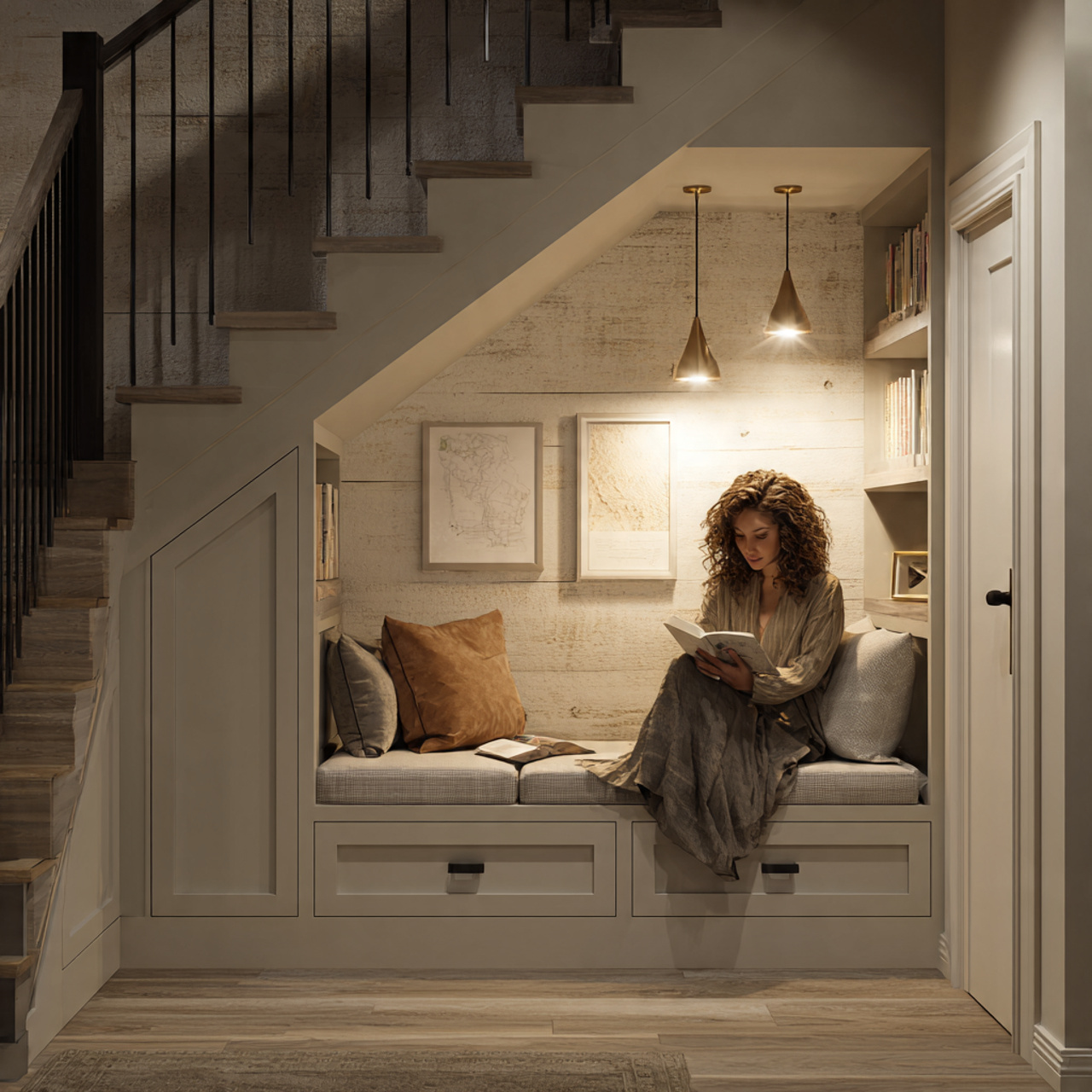 a realistic under stair nook beautifully styled with