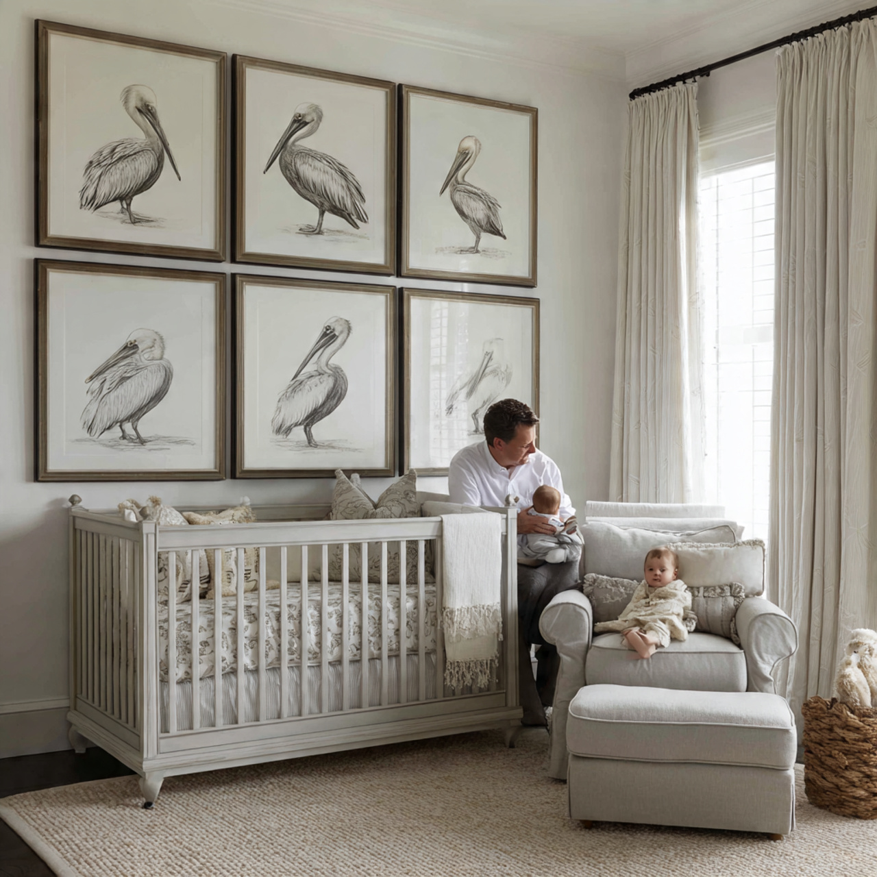 a refined coastal nursery with black and white framed