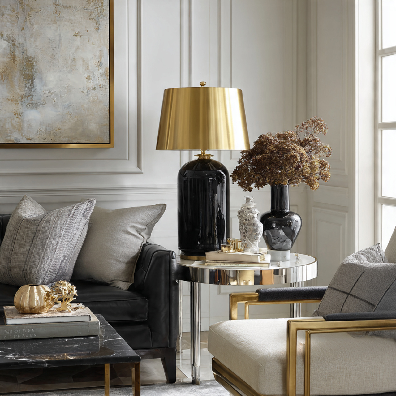 25 Elegant Black & White Bedroom Ideas | High-Contrast Style 9 a refined interior with subtle metallic accent