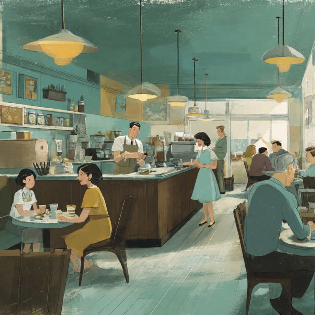 a retro caf interior with desaturated maroons