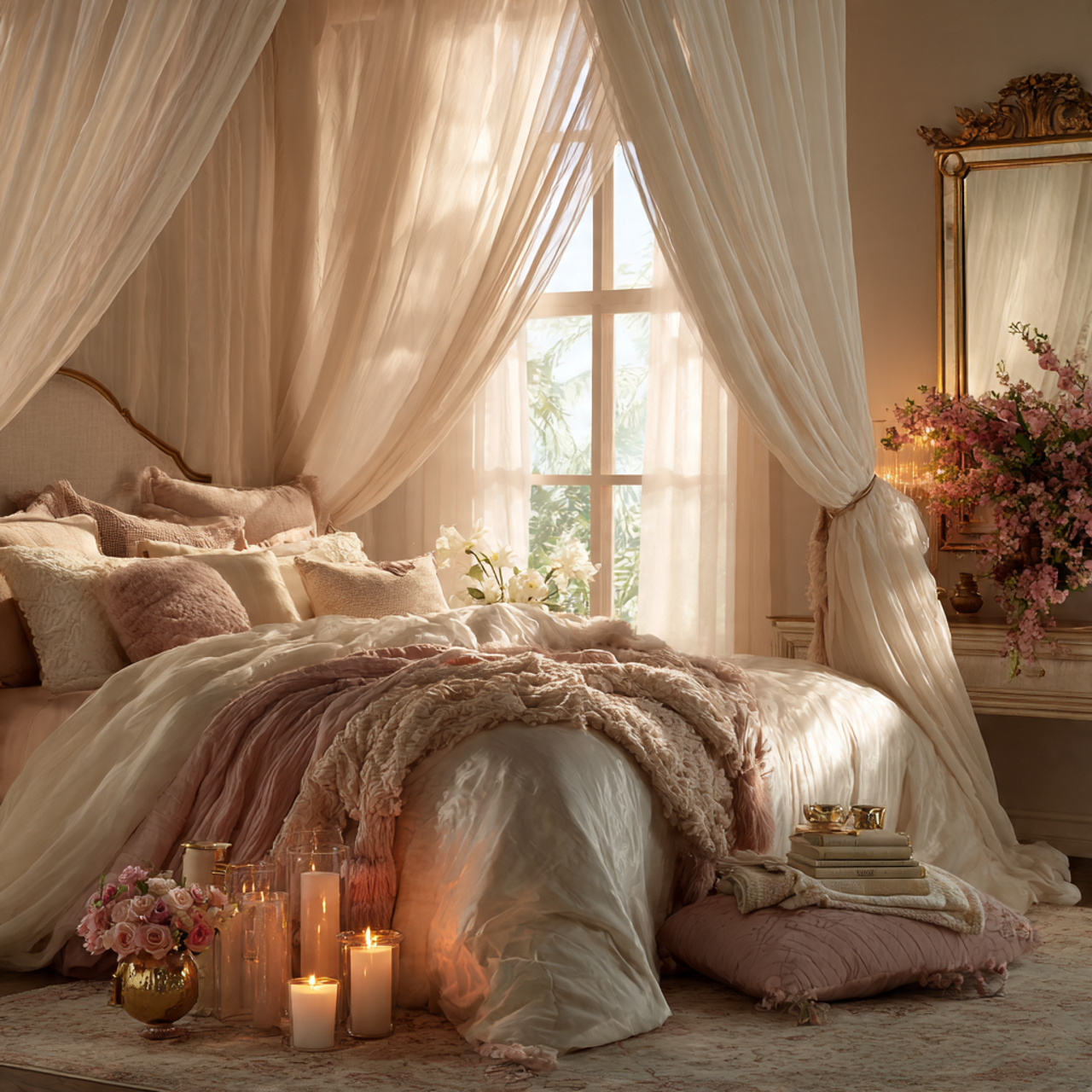 a romantic soft lit bedroom with flowing fabrics