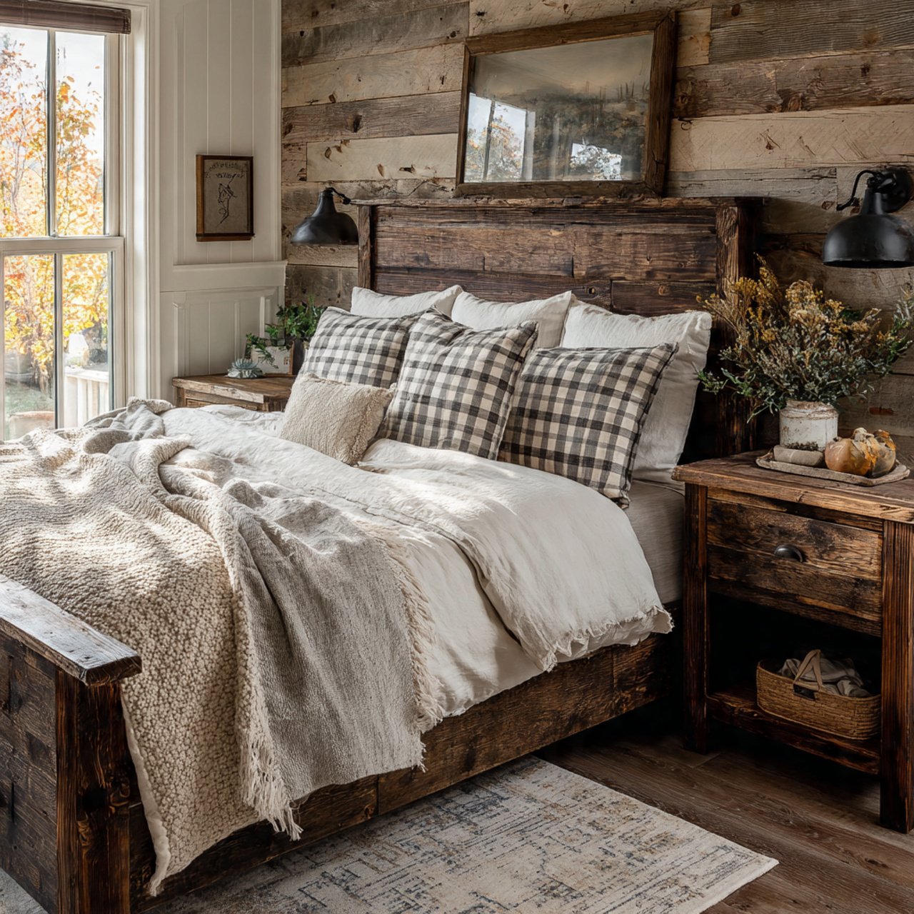a rustic farmhouse bedroom with weathered wood