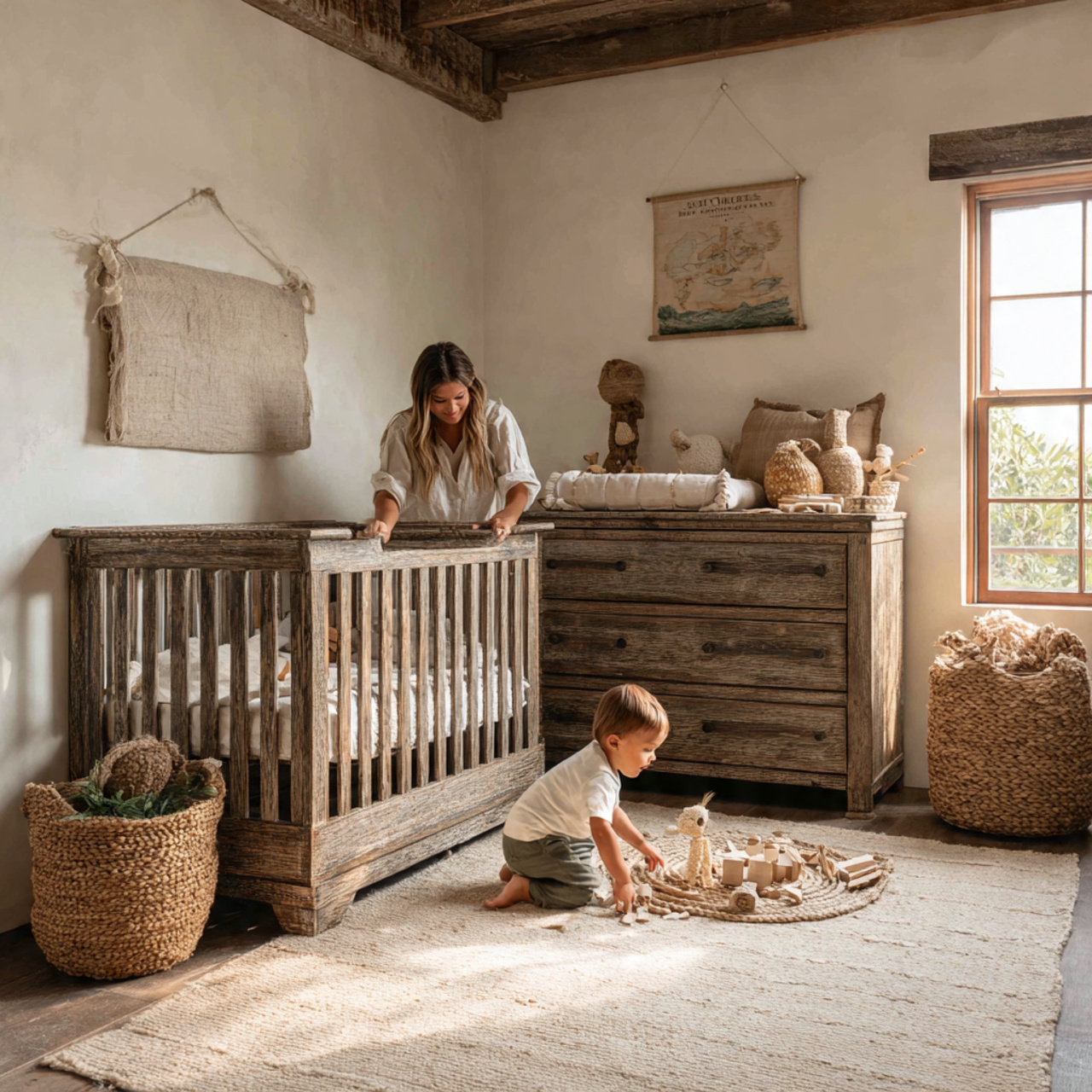 a rustic nursery featuring a crib and
