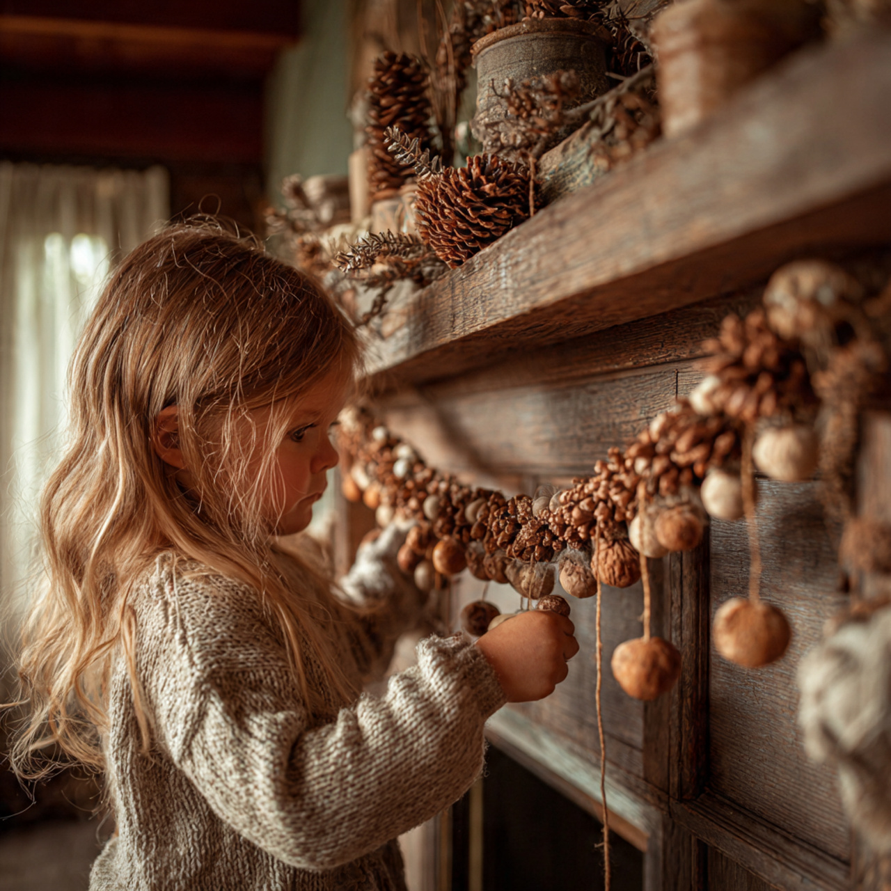 a rustic wooden mantle adorned with a
