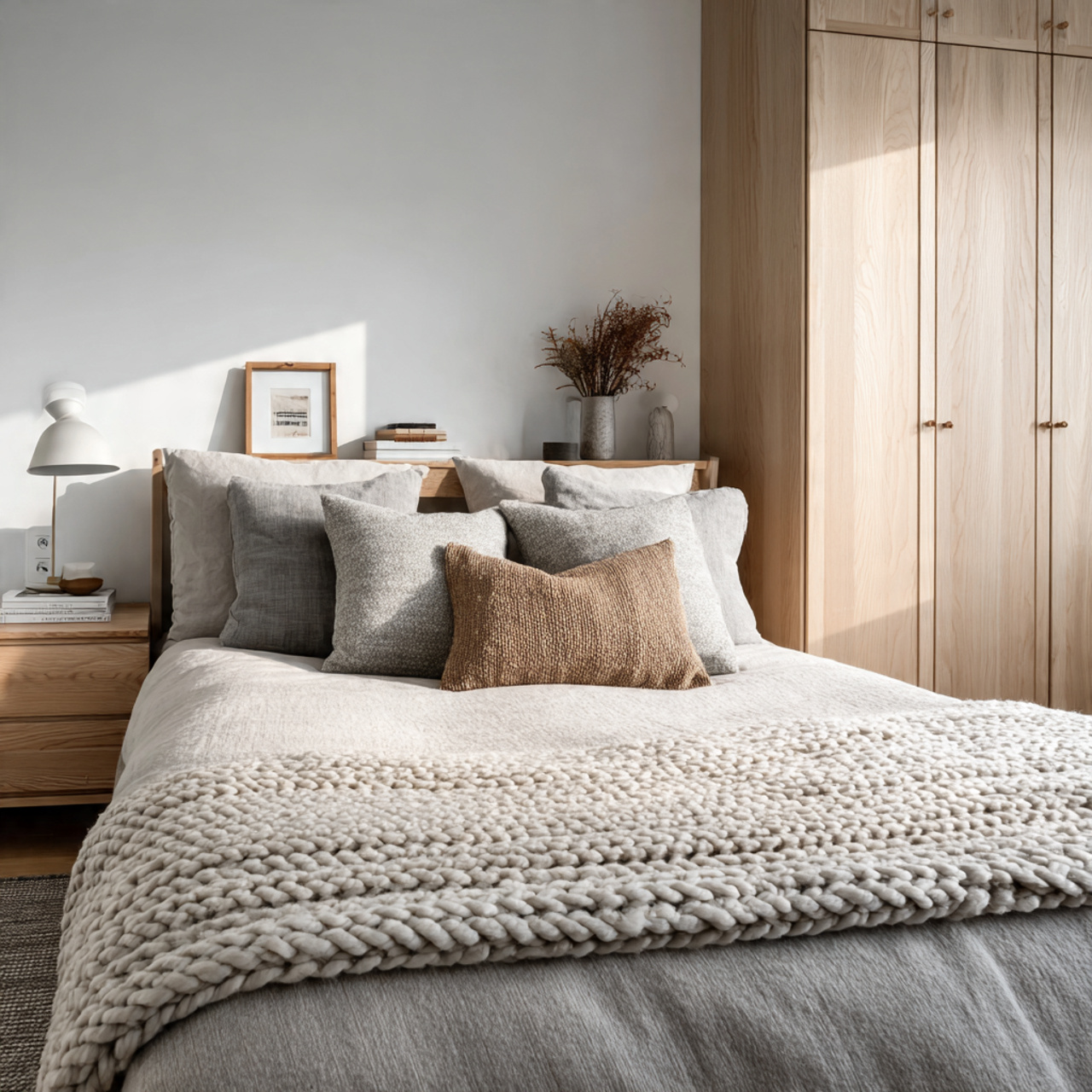 a scandinavian bedroom with light wood furniture