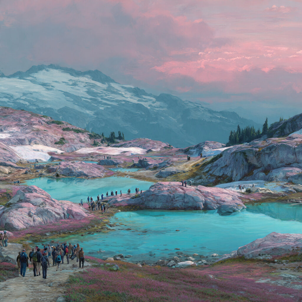 a scenic high altitude meadow at sunrise with