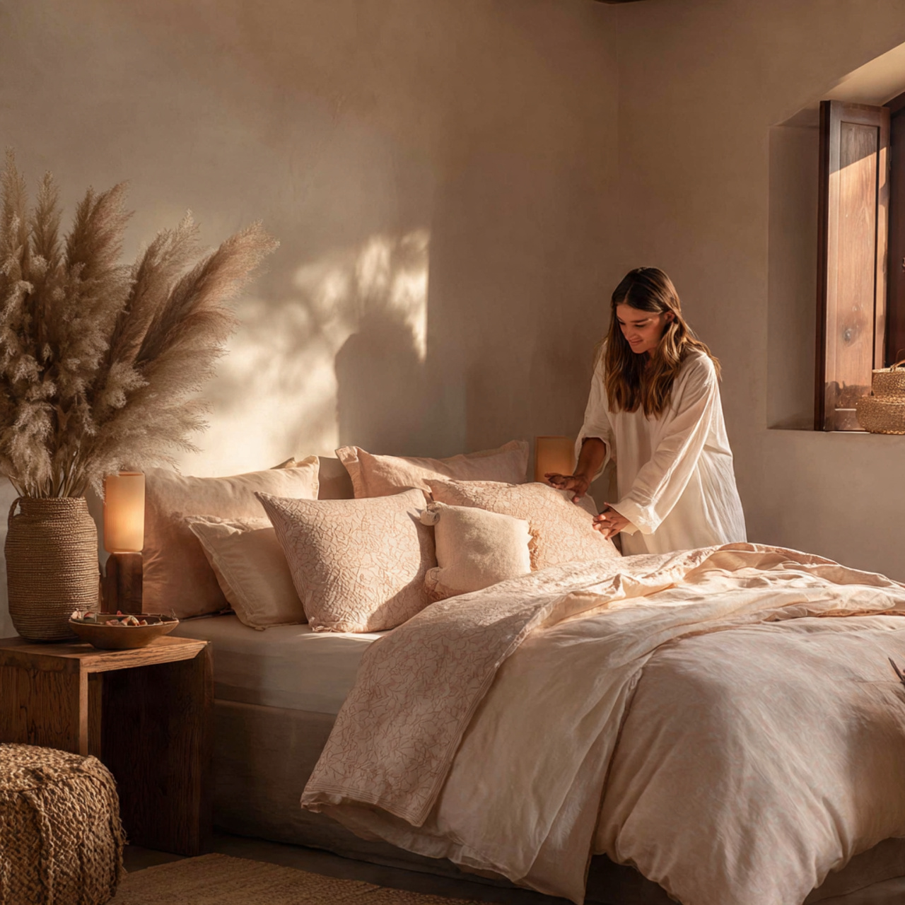 a serene bedroom with pale blush layered