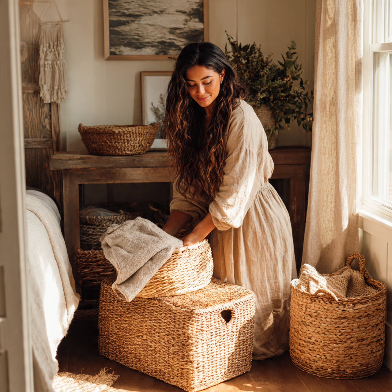 25 Farmhouse Bedroom Ideas to Create a Warm, Elegant Retreat 13 a serene farmhouse bedroom showcasing woven jute 1