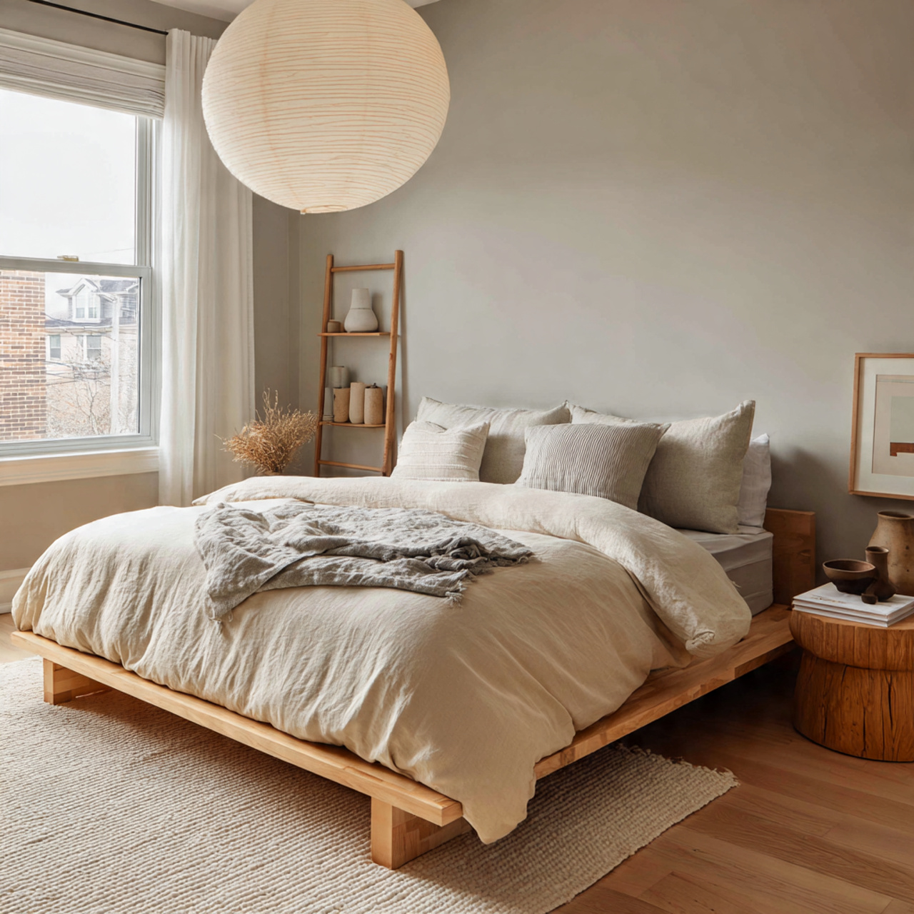a serene japandi style bedroom with natural wood