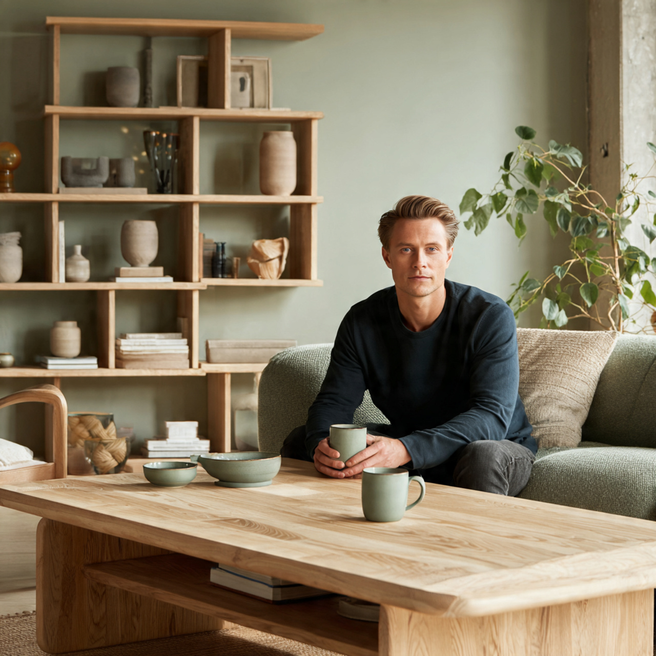 a serene living room showcasing natural wood