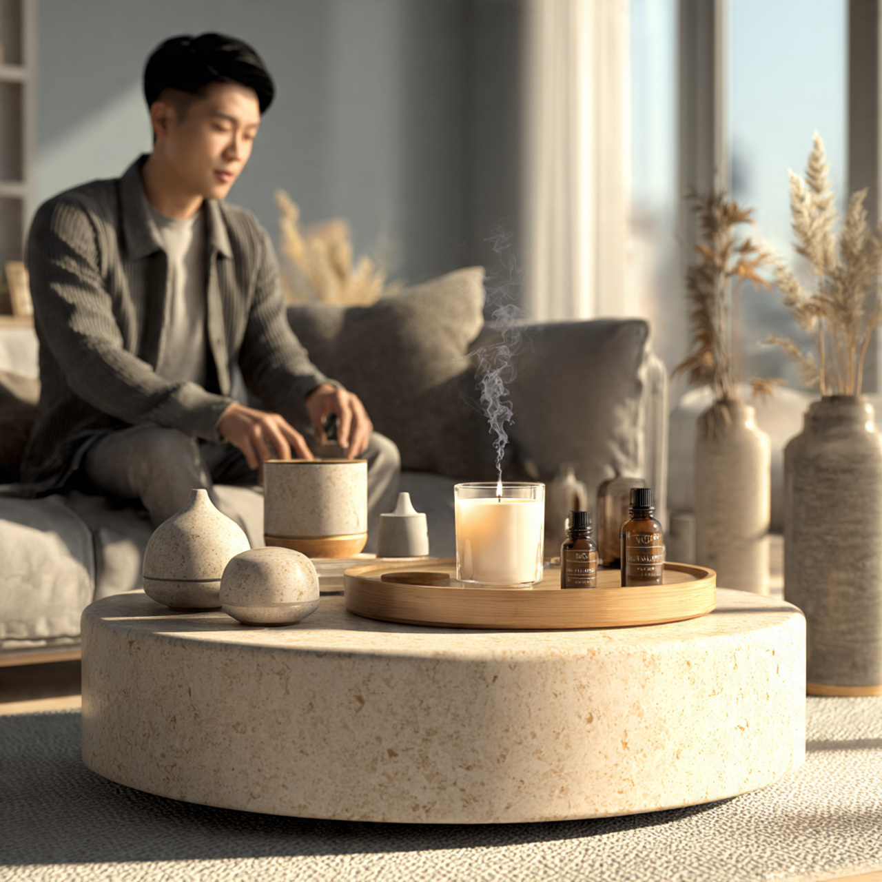 a serene modern living room with a