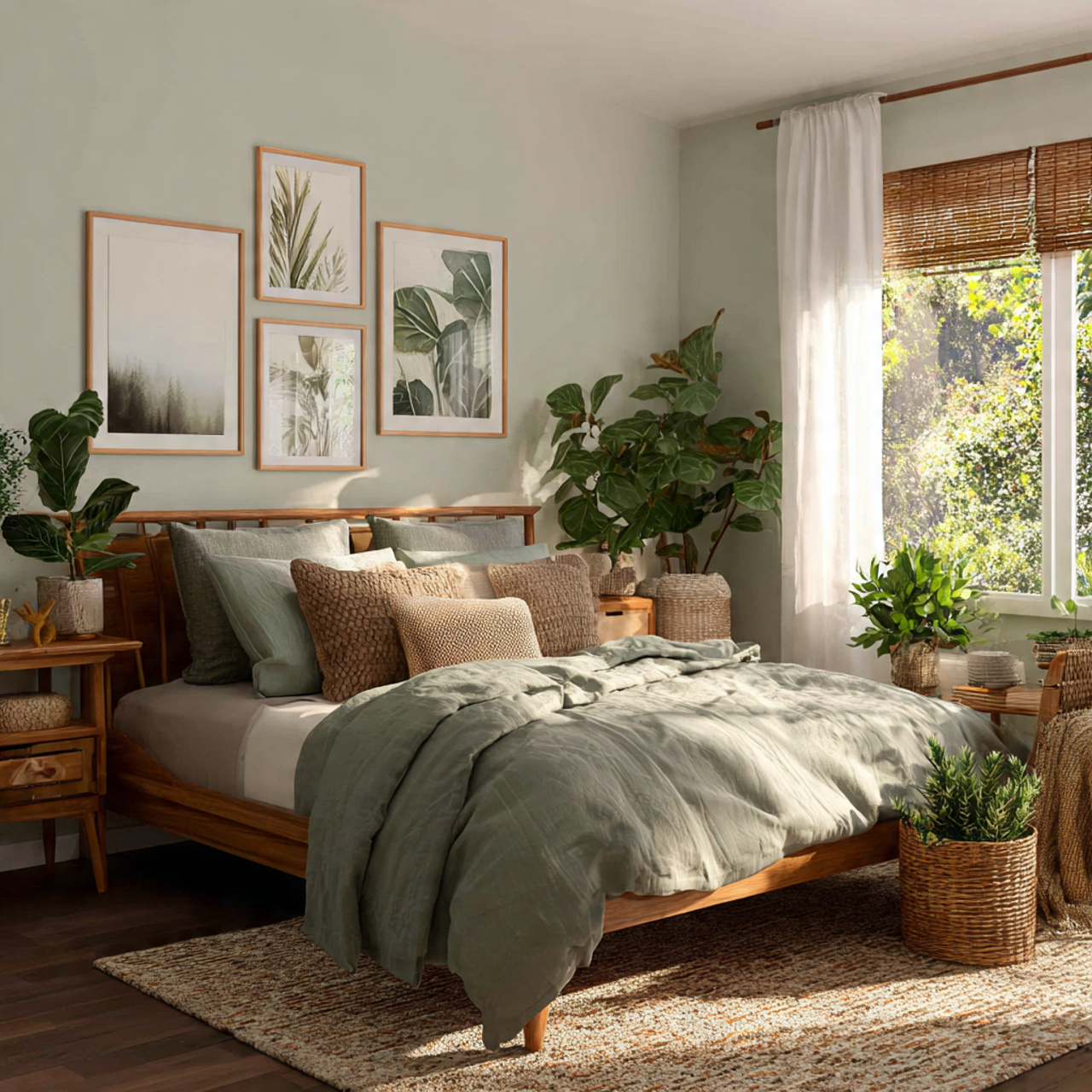 a serene nature inspired bedroom with calming green