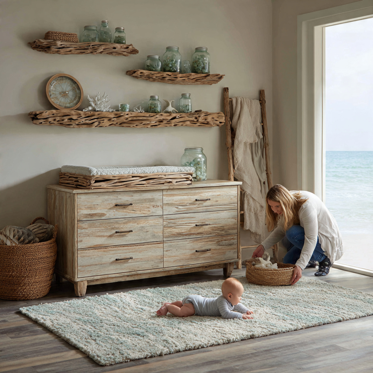 a serene nursery decorated with smoothed driftwood