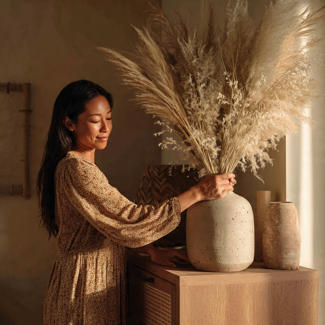 a serene nursery dresser decorated with dried