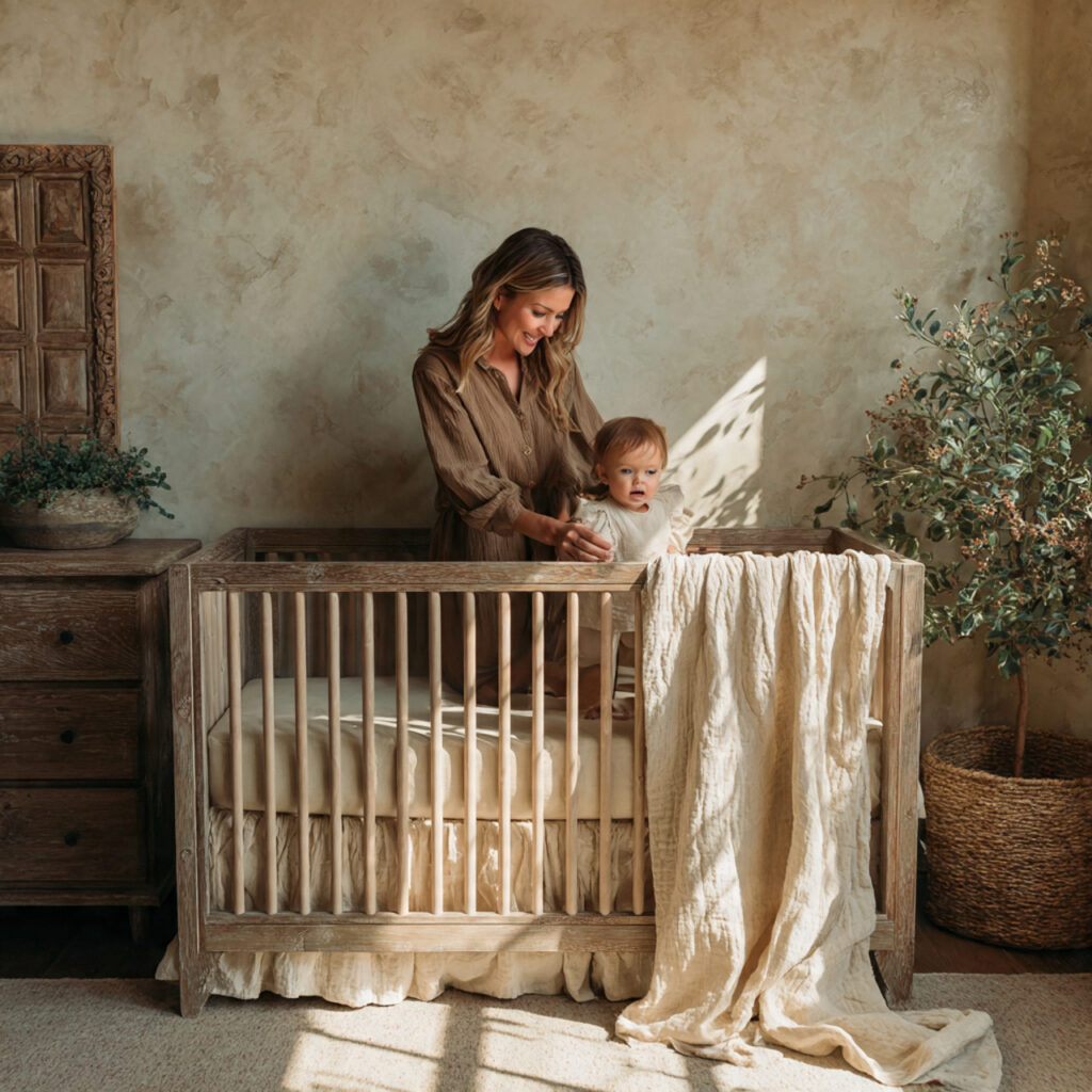 a serene nursery scene featuring warm beige 1