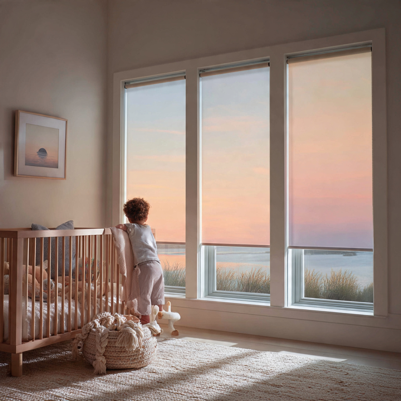 a serene nursery with sheer roller blinds