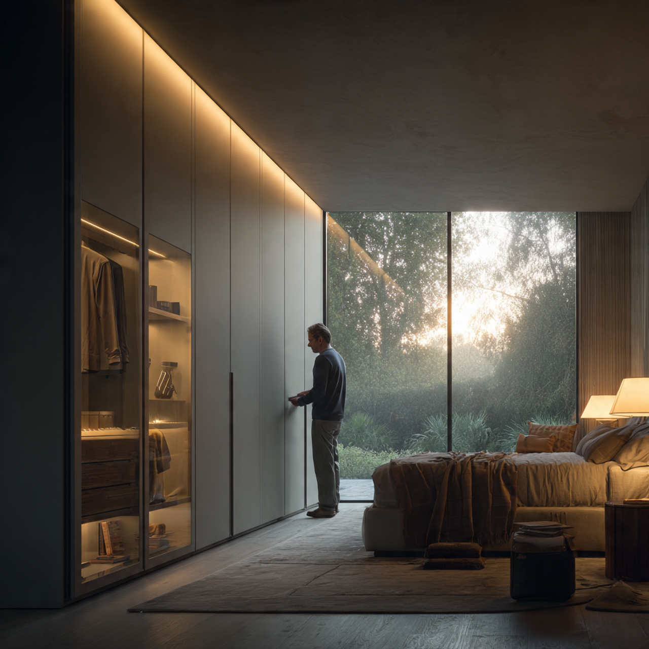 a sleek bedroom featuring a man in
