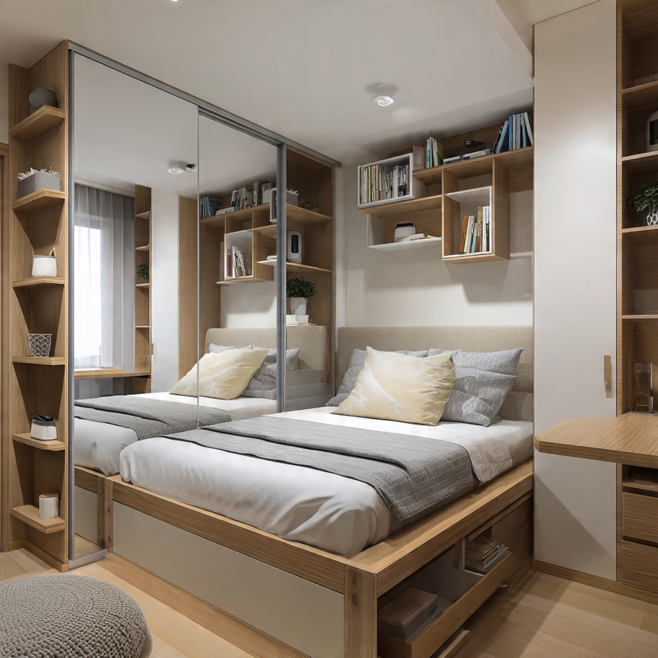 a small modern bedroom with multifunctional furniture