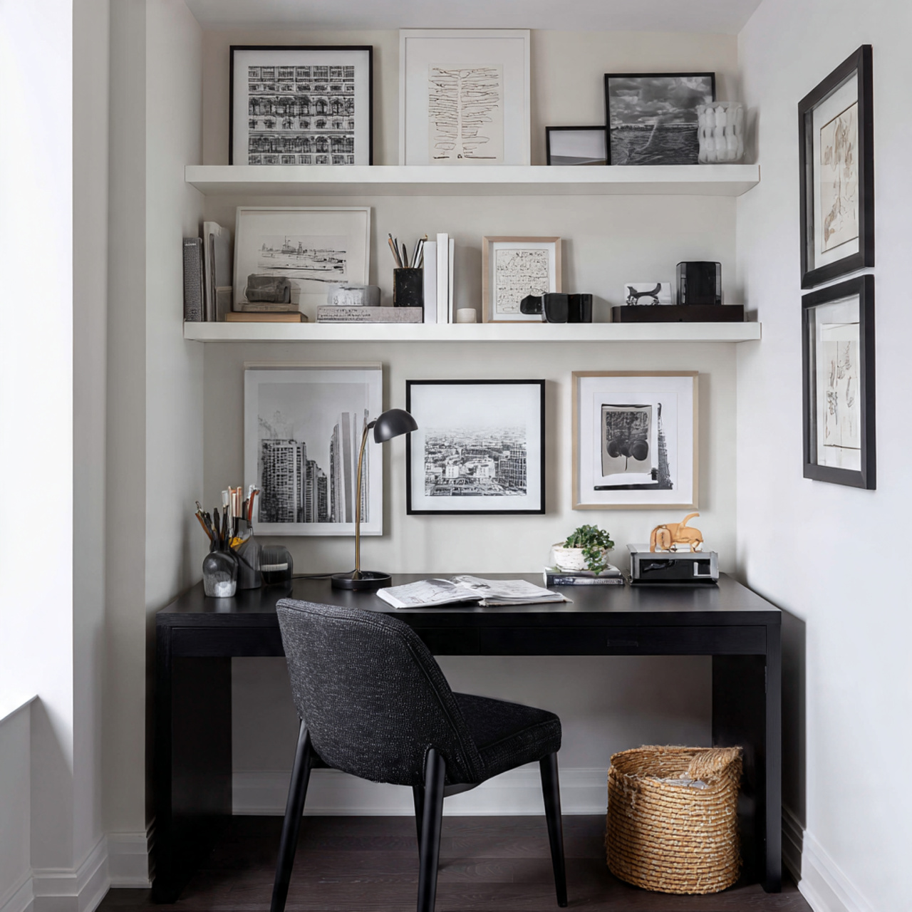 25 Elegant Black & White Bedroom Ideas | High-Contrast Style 22 a small stylish home office nook with