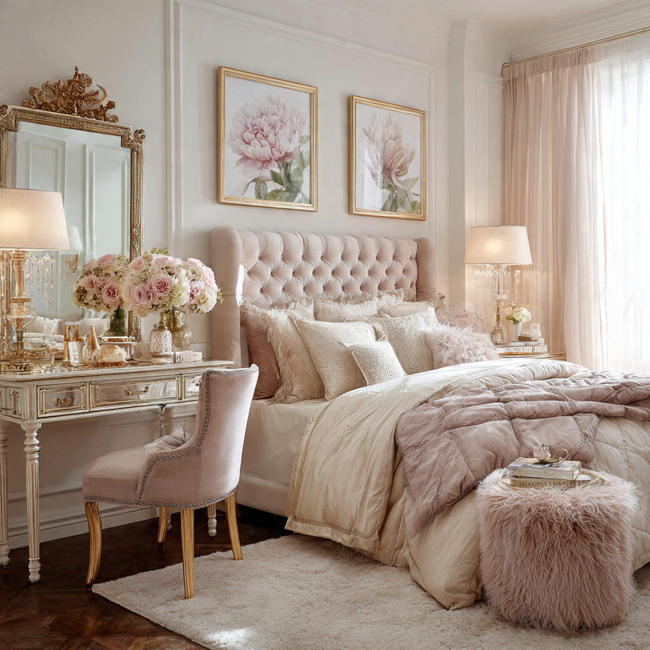 a soft feminine chic bedroom with blush