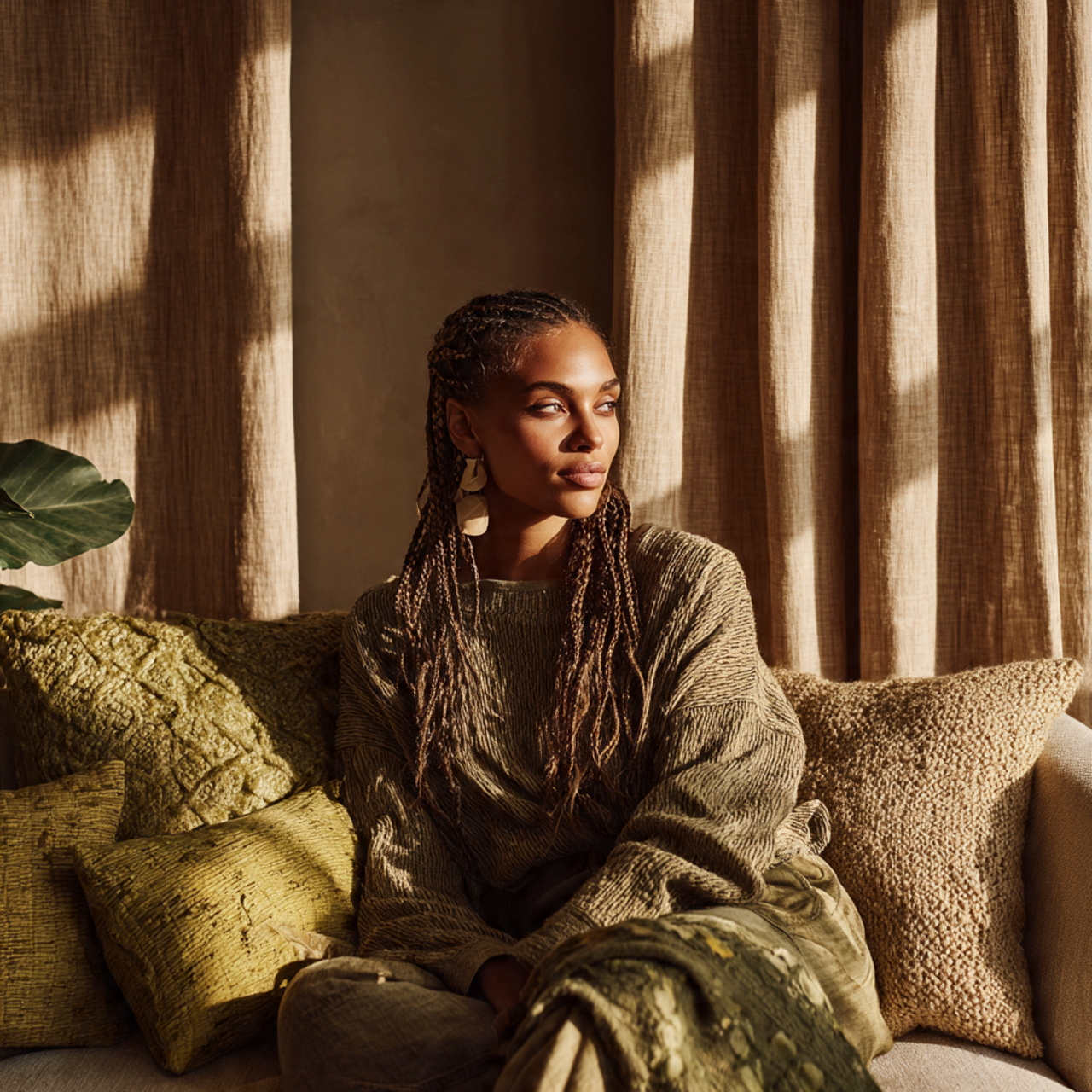 a softly lit living room dressed in