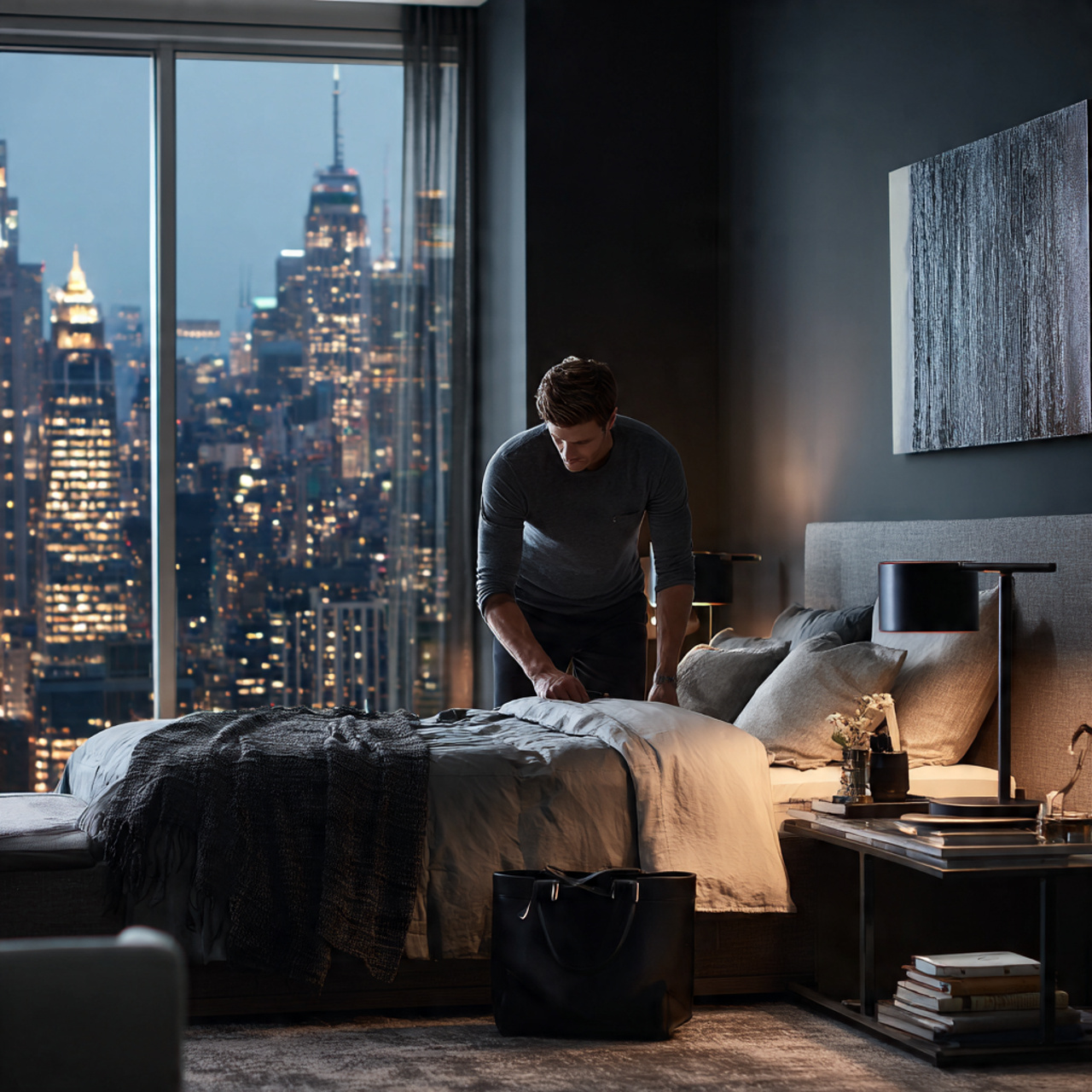a sophisticated bedroom featuring a man in