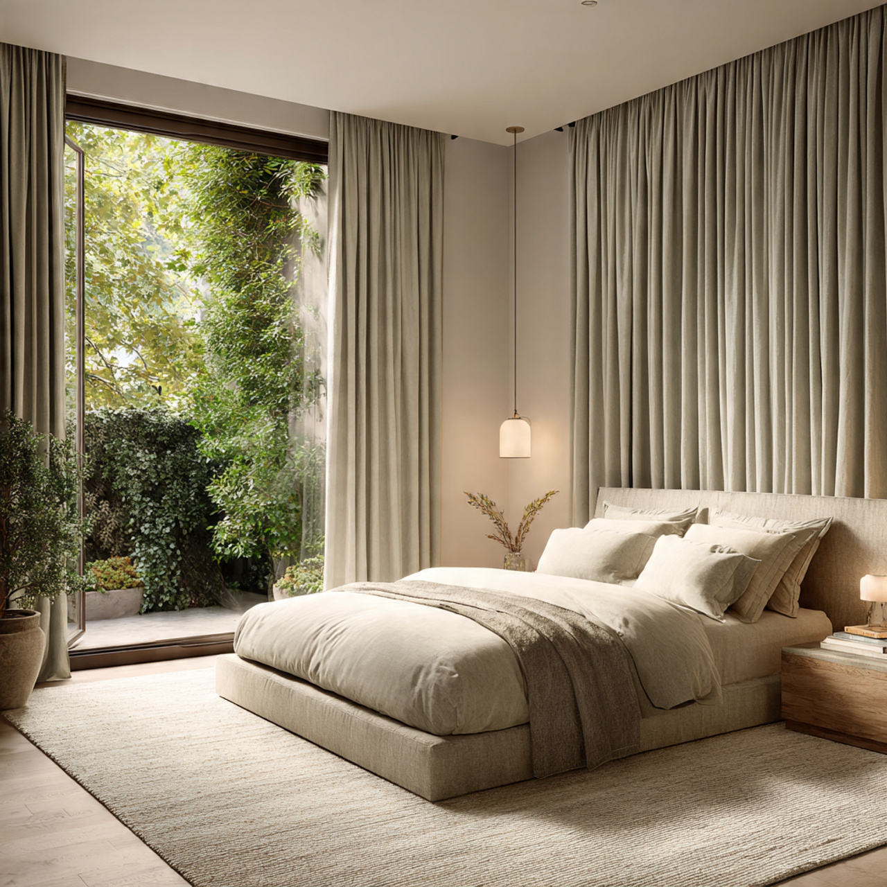 a sophisticated bedroom featuring floor to ceiling drapes in