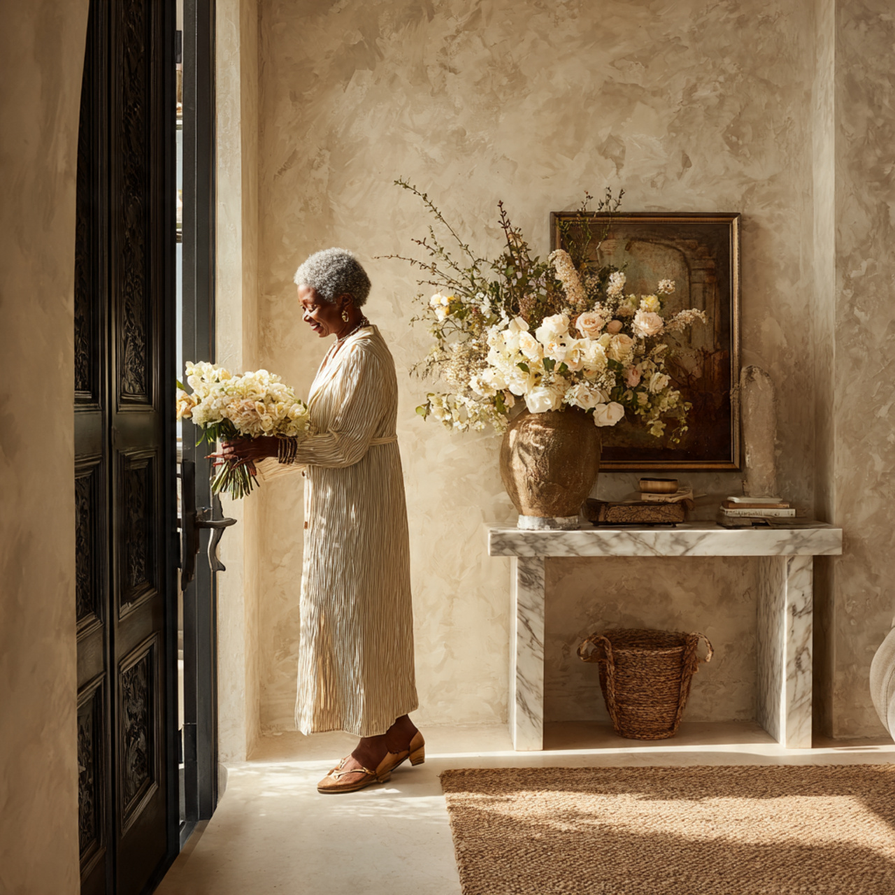 a sophisticated entryway in warm neutral