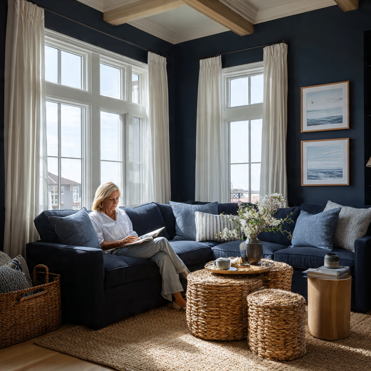 a sophisticated living room with blue living